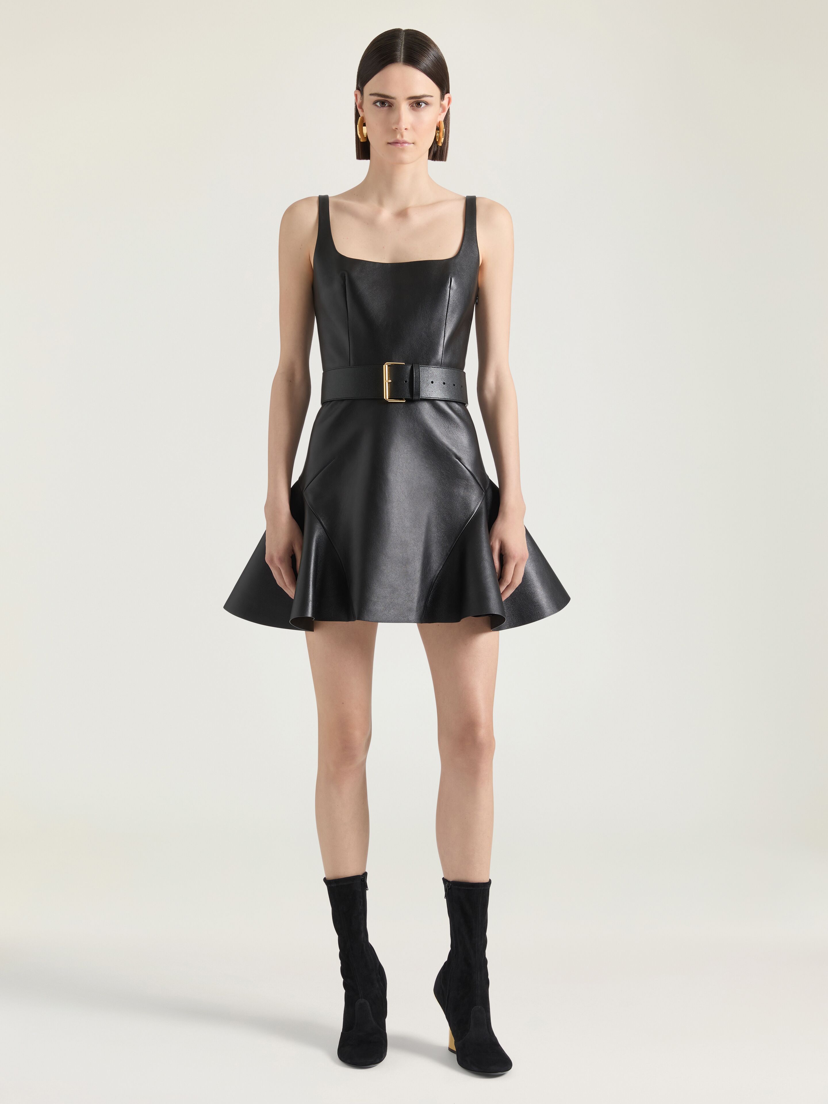 Fluted mini dress in leather